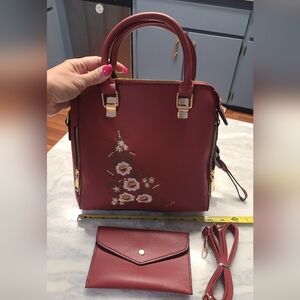 Floral Embroidered Red Handbag